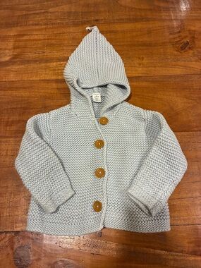 NWOT Organic Cotton Hooded Cardigan Baby Blue Knit with Wood Buttons 12 mos